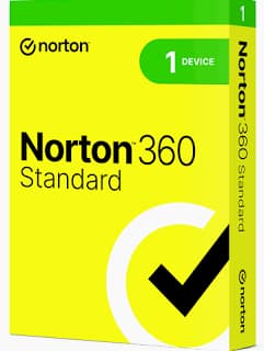 Bright yellow Norton 360 Standard antivirus software box with green accents for one device.